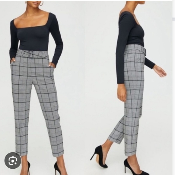 Aritzia Babaton Walker Belted Houndstooth Slim Check Trouser Pant Black White 0 - Picture 2 of 9